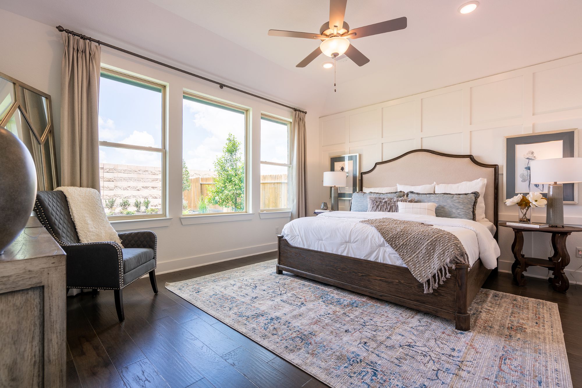 Master bedroom in Verona with custom bedding.