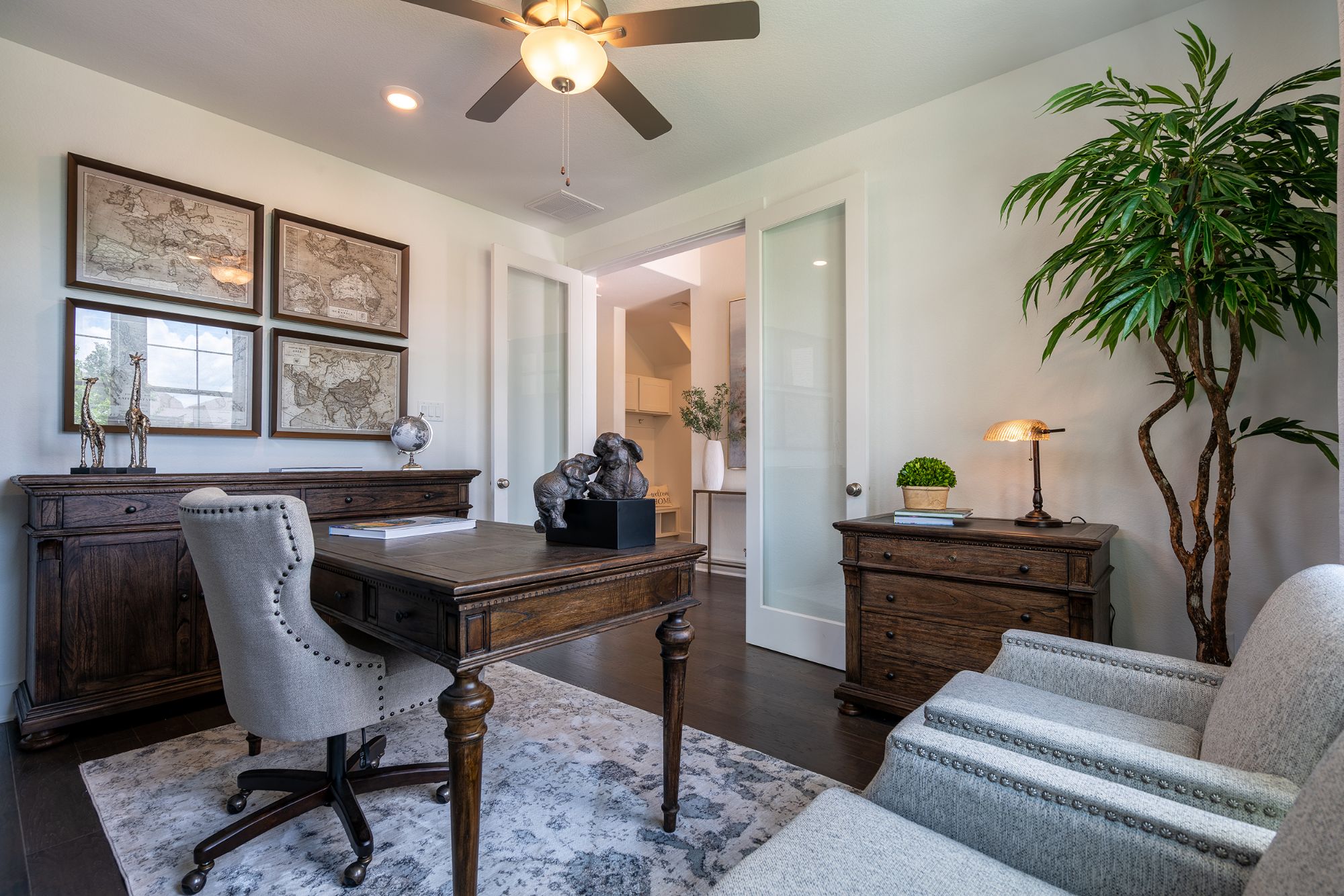 Transitional home office interior design project by Valerie Ruddy.