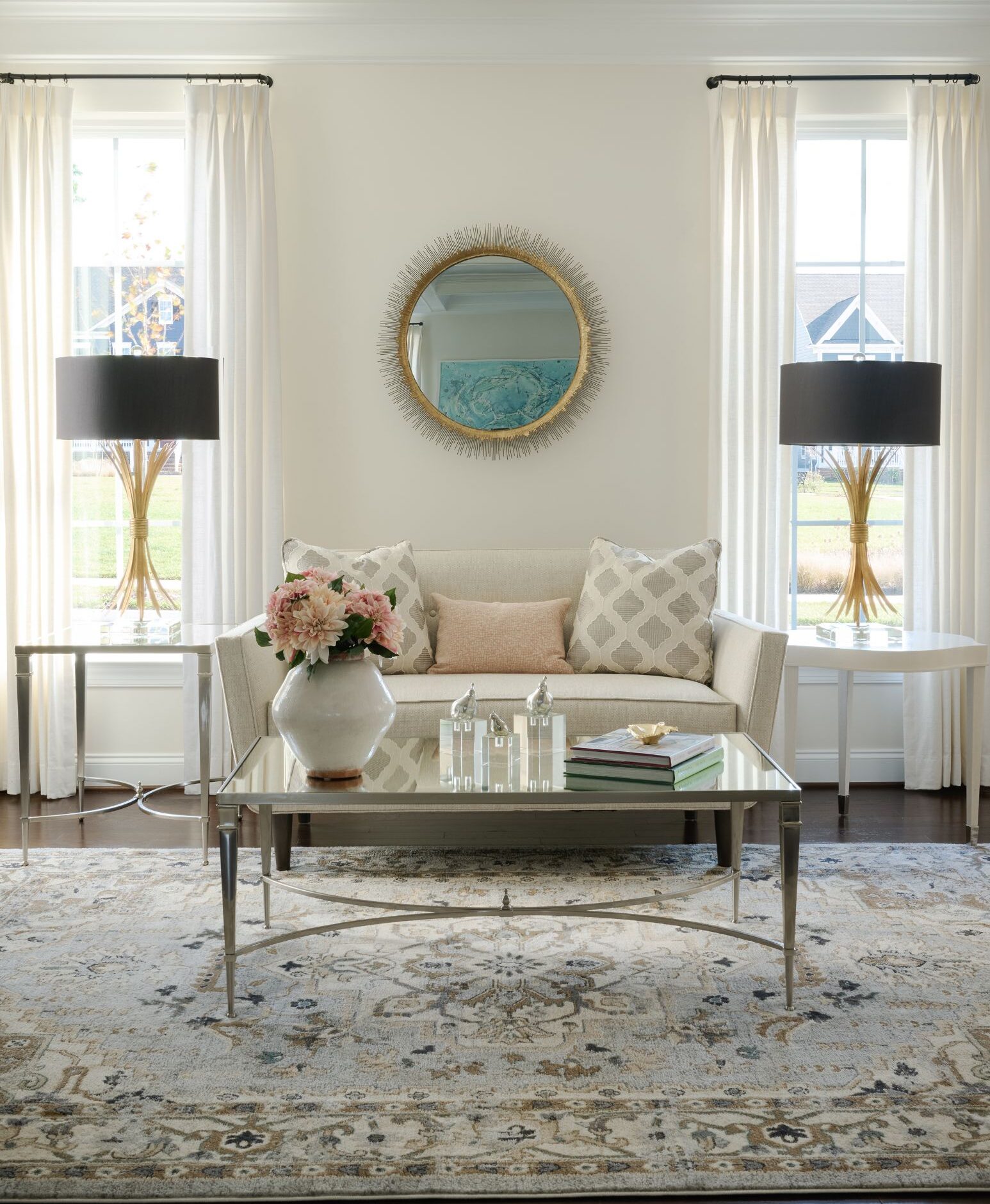 Luxury transitional living room interior design with custom products by Valerie Ruddy.