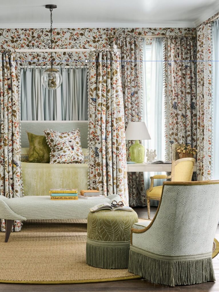 Eclectic transitional bedroom with custom window treatments and furniture.