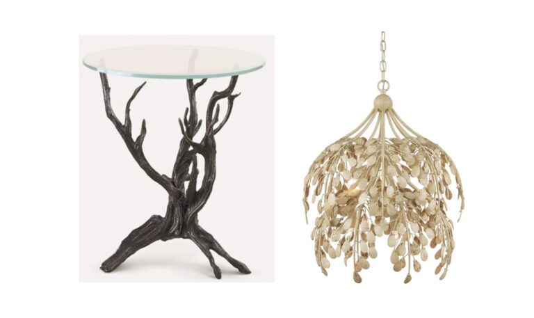 Nature-inspired side table and chandelier light furniture pieces.
