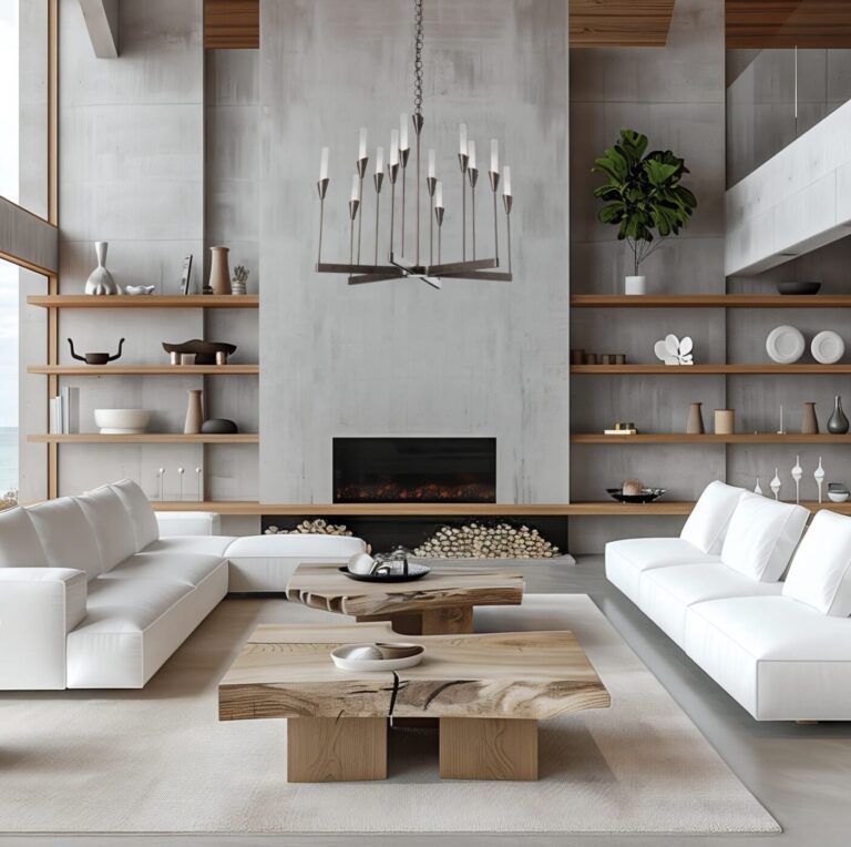 Modern Scandinavian living room with nature-inspired chandelier.