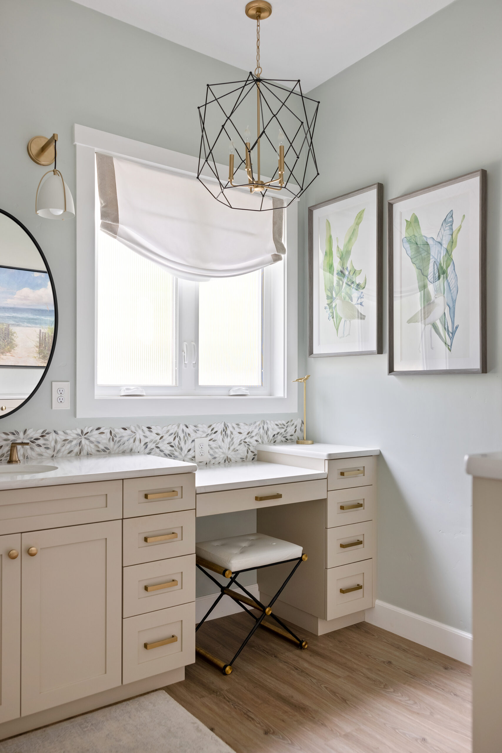 Modern farmhouse bathroom interior design and powder seating.