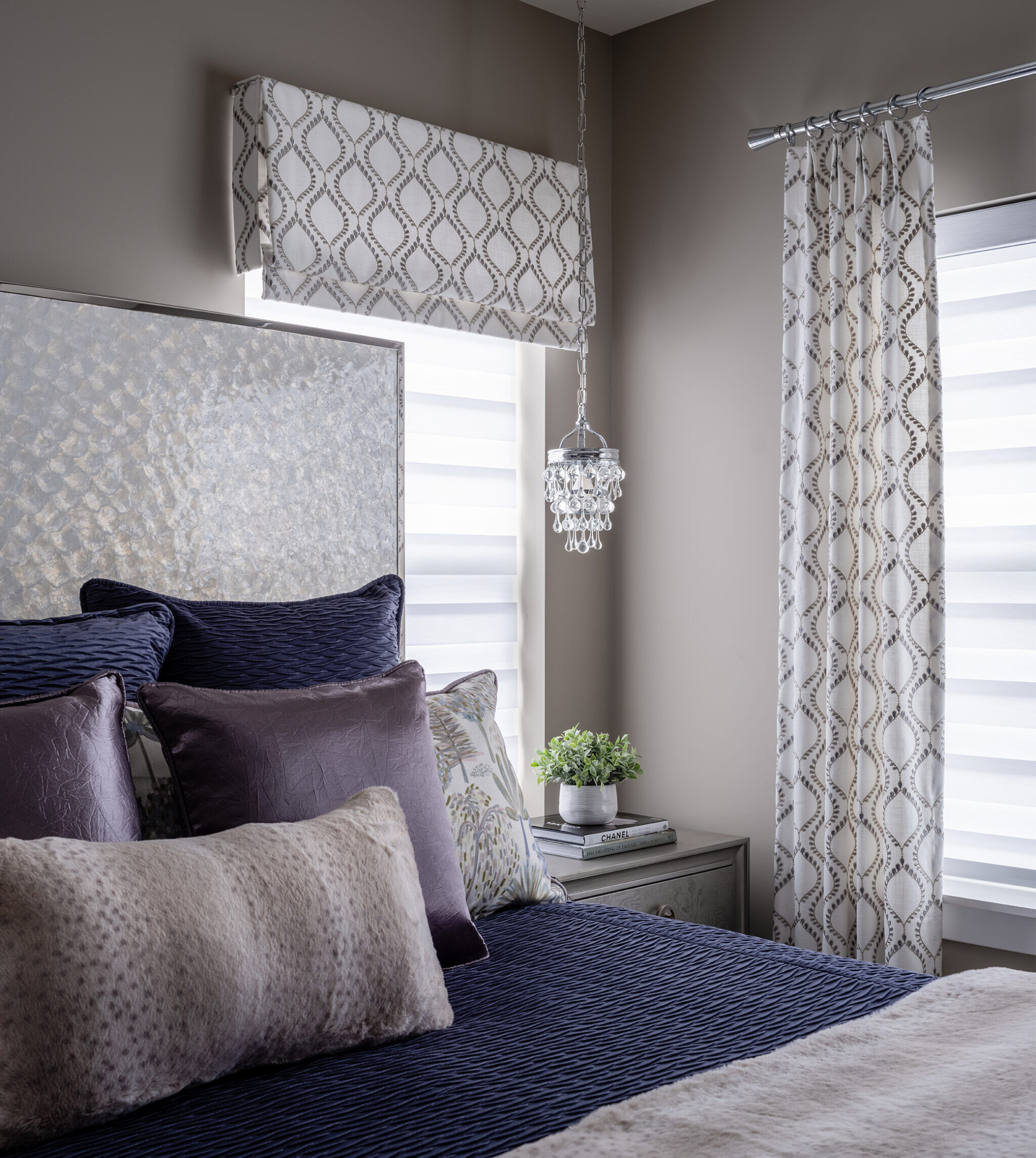 Transitional custom bedding and window treatment options.